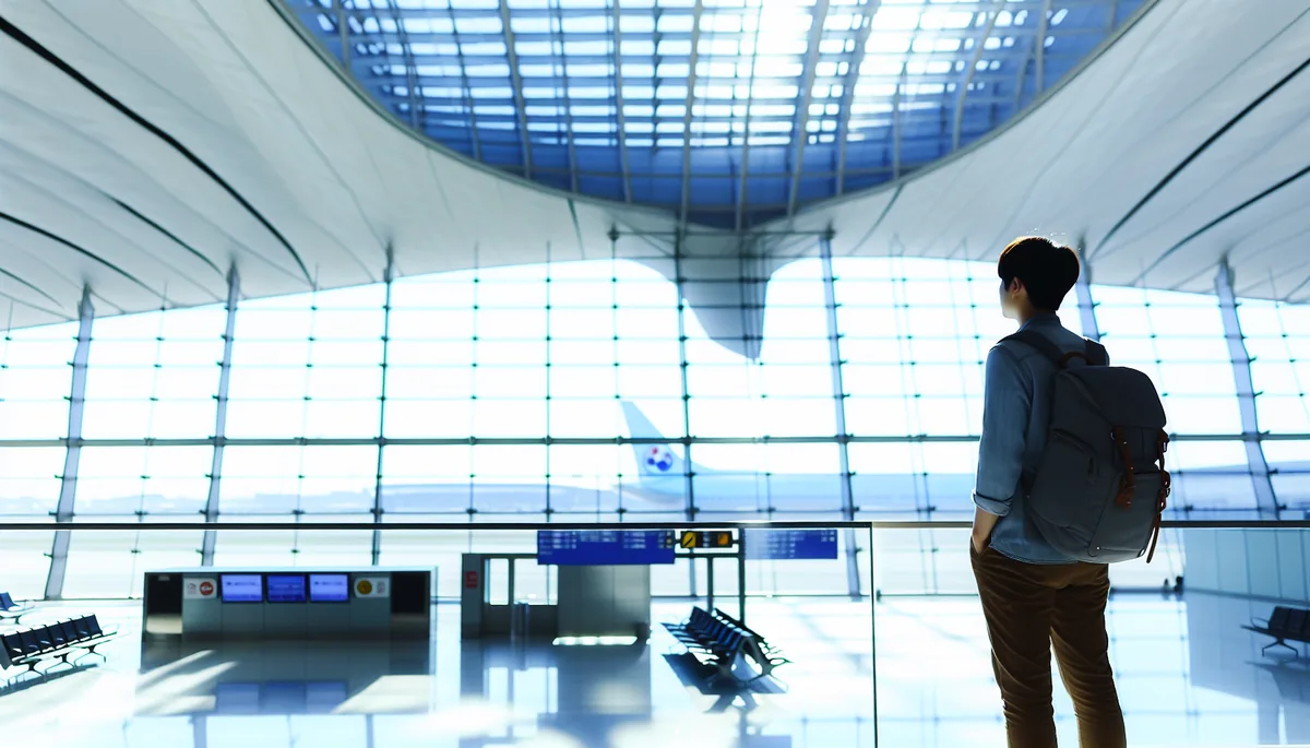 Silhouette of a traveler with backpack at modern airport terminal departure gate with large windows and natural lighting