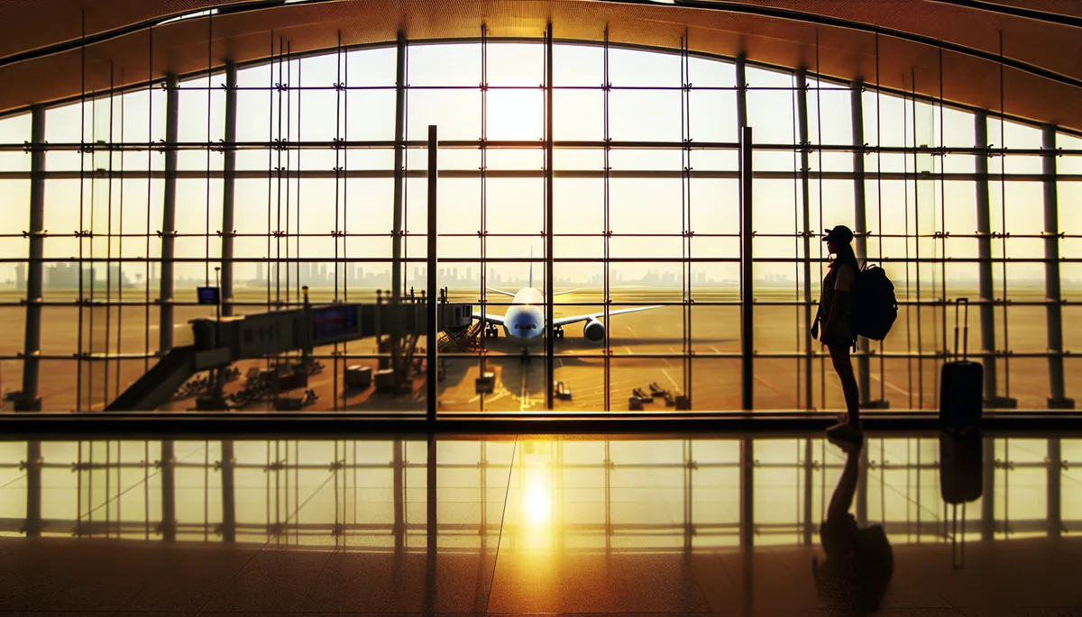 Silhouette of a traveler at an airport departure gate with an airplane visible through large windows during golden hour