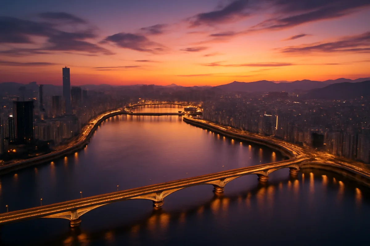 Aerial panoramic view of Seoul's skyline at golden hour with the Han River reflecting warm sunset colors between modern skyscrapers and glowing bridges