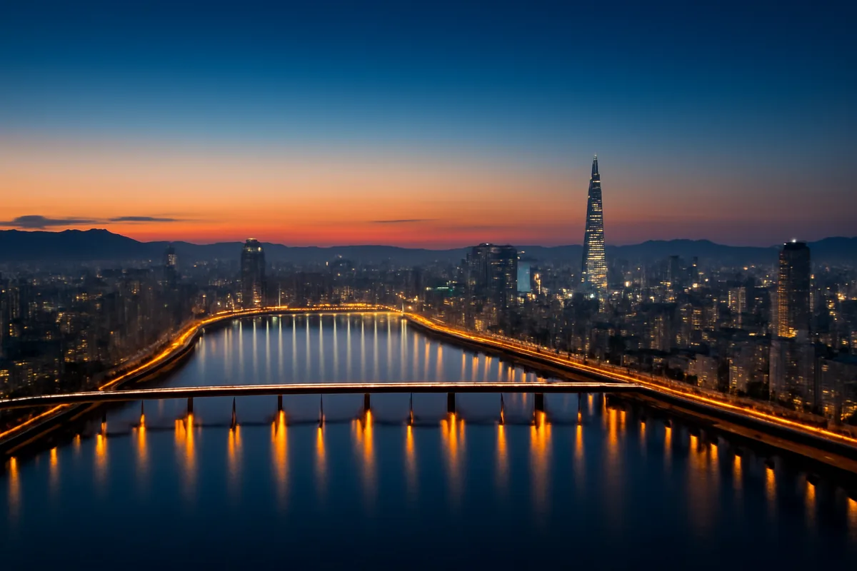 Aerial panoramic view of a modern Asian city skyline at twilight, with glowing urban lights reflecting on a wide river under a blue and amber evening sky.