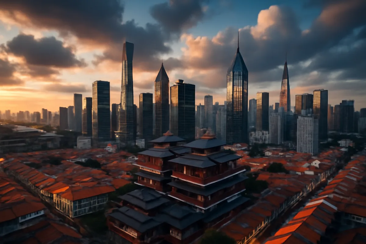 Aerial panoramic view of a modern Asian city skyline at golden hour, with skyscrapers and traditional architecture bathed in warm amber light