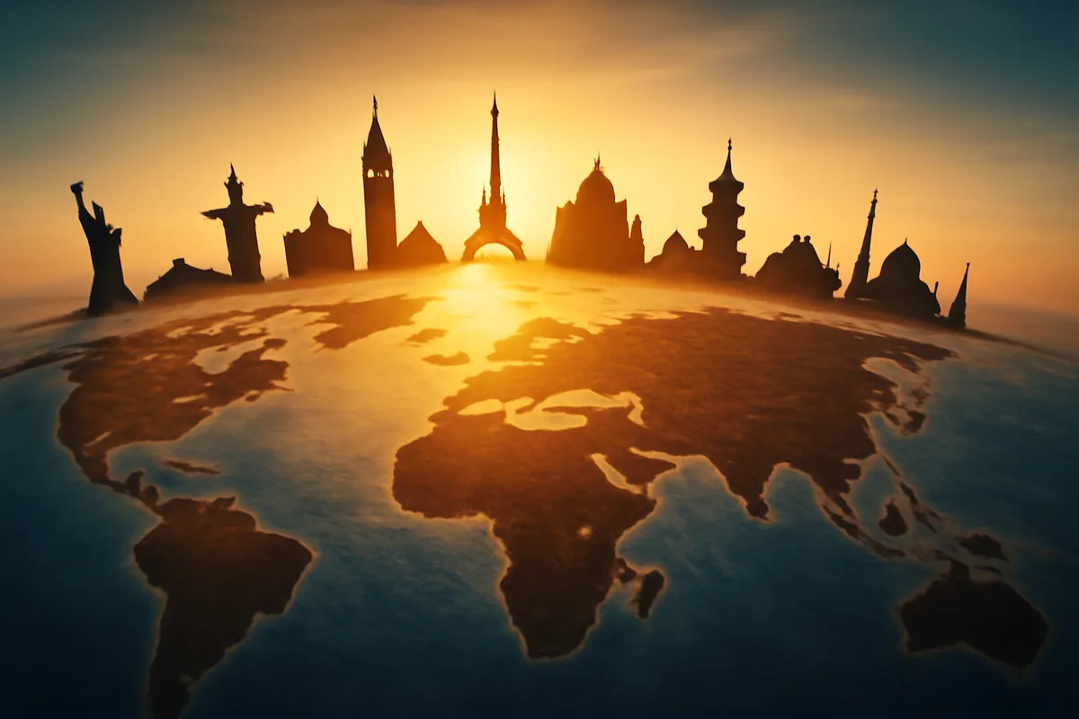 Aerial panoramic view of the world with warm golden light and iconic global landmarks, representing international travel across 190+ countries