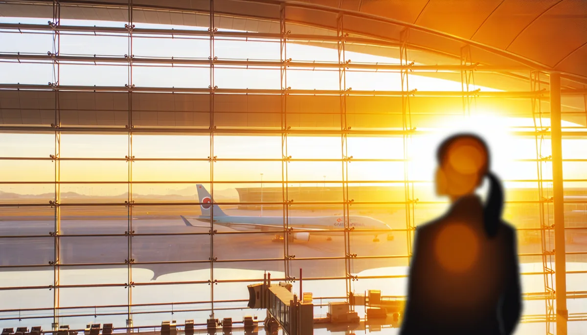 Silhouette of a traveler at airport departure gate with airplanes visible through windows during golden hour