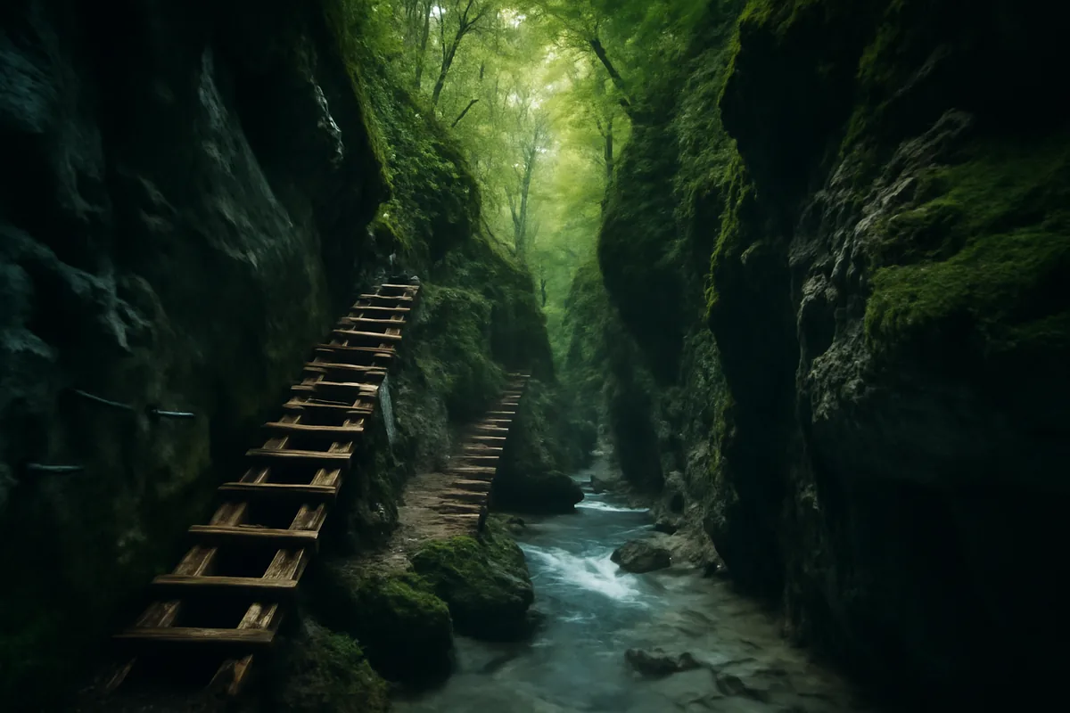 A dramatic limestone gorge in Slovenský raj National Park, Slovakia, featuring steep canyon walls with wooden walkways and ladders, surrounded by dense green forest and a clear mountain stream below