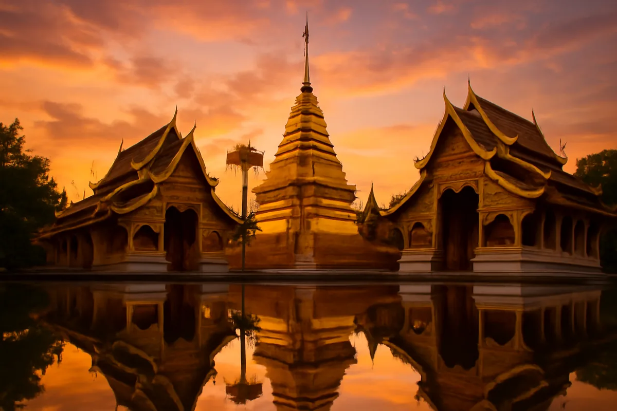 Golden Buddhist temple with traditional Thai architecture reflecting in calm water during sunset