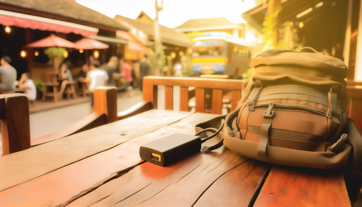 A traveler's backpack and portable power bank on a wooden cafe table with a blurred Asian cityscape in the background during golden hour