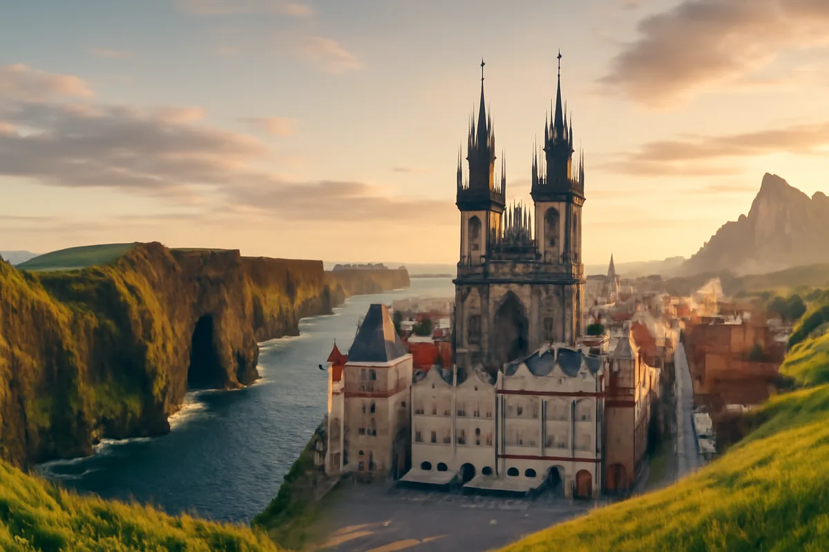 A sweeping panoramic travel scene blending European landscapes including historic architecture, coastal scenery, and alpine meadows bathed in warm golden hour light