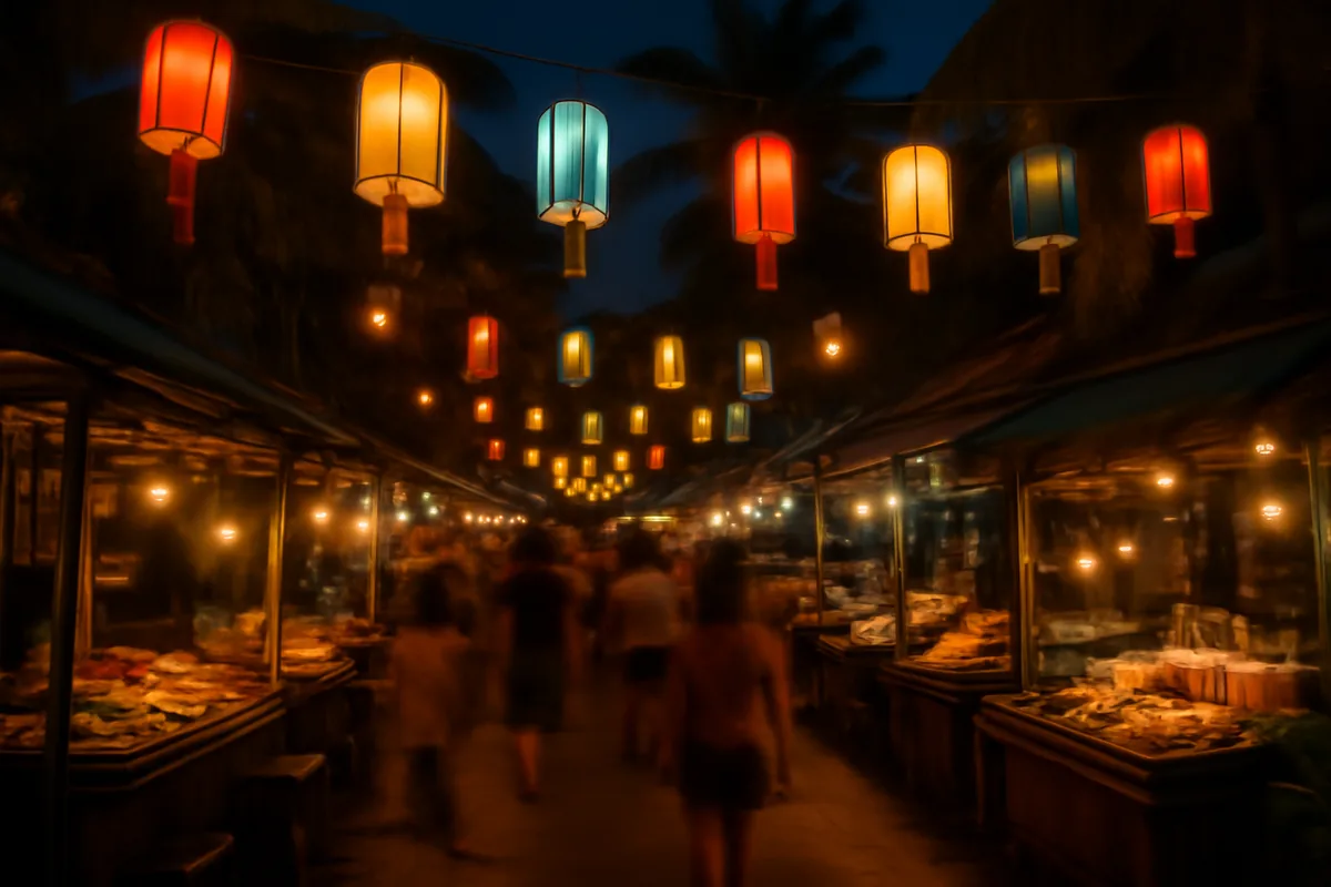 A vibrant Thai night market with glowing lanterns, colorful stalls, and tropical palm trees under warm golden evening light