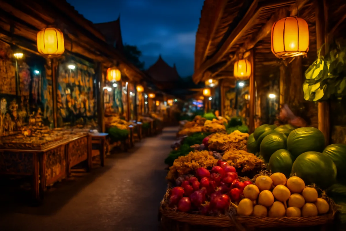 A vibrant Thai street market at dusk with colorful vendor stalls illuminated by warm lantern light, exotic fruits and goods on display, set against a deep blue evening sky.