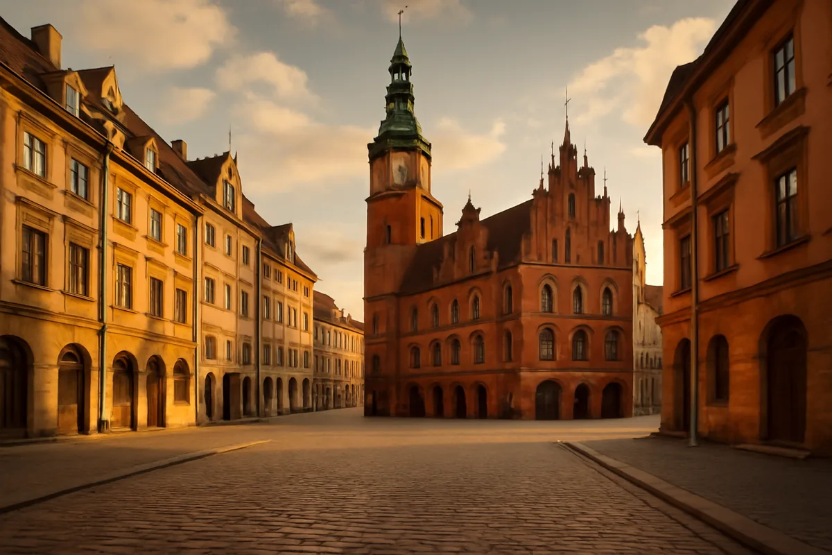 Historic European city square with cobblestone streets, traditional architecture, and warm golden lighting
