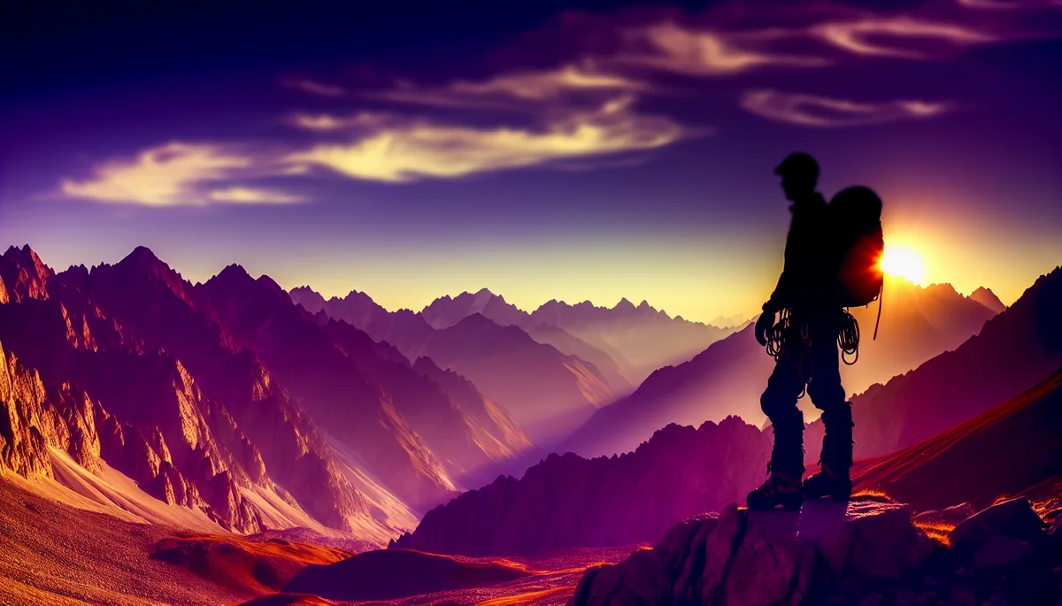 Silhouette of a mountaineer standing on a rocky summit with dramatic mountain peaks stretching to the horizon during golden hour