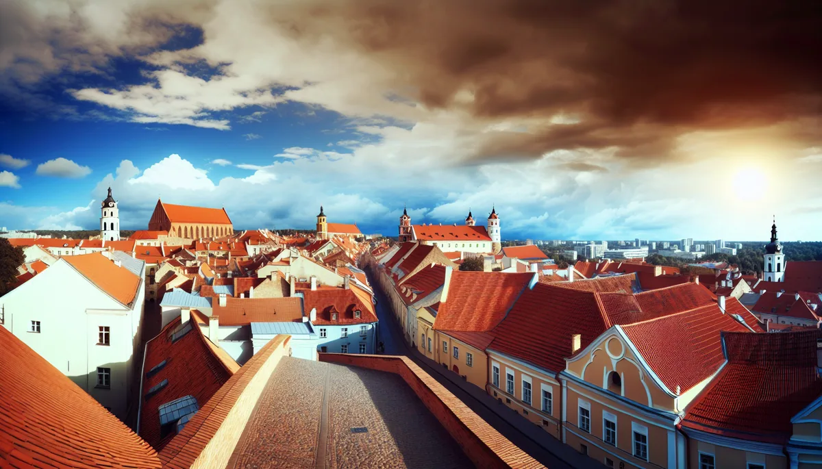 Panoramic view of Vilnius Old Town showing medieval architecture, church spires, and red tile roofs under a dramatic cloudy sky