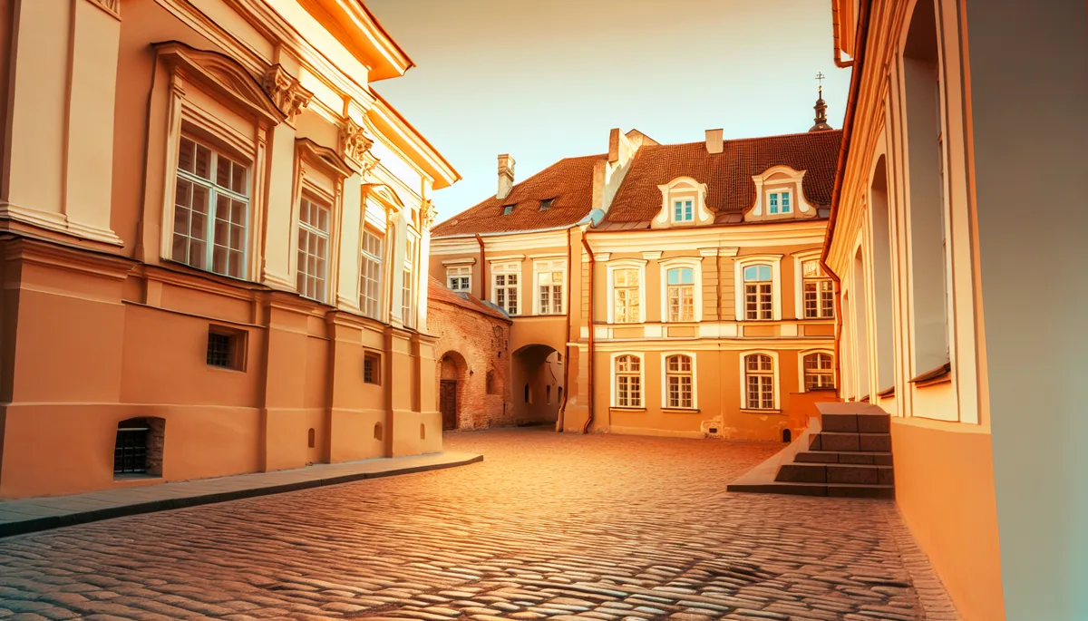 Golden hour view of Vilnius Old Town with historic baroque buildings, cobblestone streets, and warm lighting highlighting the medieval architecture