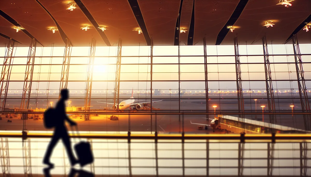 Silhouette of a traveler walking through a modern airport terminal with golden sunlight streaming through large windows and aircraft visible on the tarmac