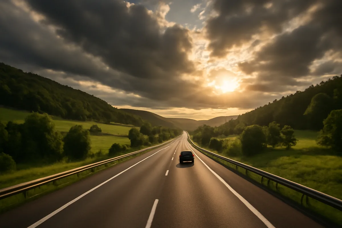 A lone car driving along a scenic open highway through lush green European countryside under dramatic golden sunlight and dramatic clouds