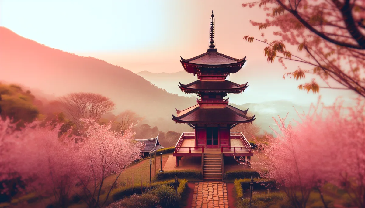 Traditional Asian temple with pagoda architecture surrounded by blooming cherry blossom trees, with misty mountains visible in the background during golden hour
