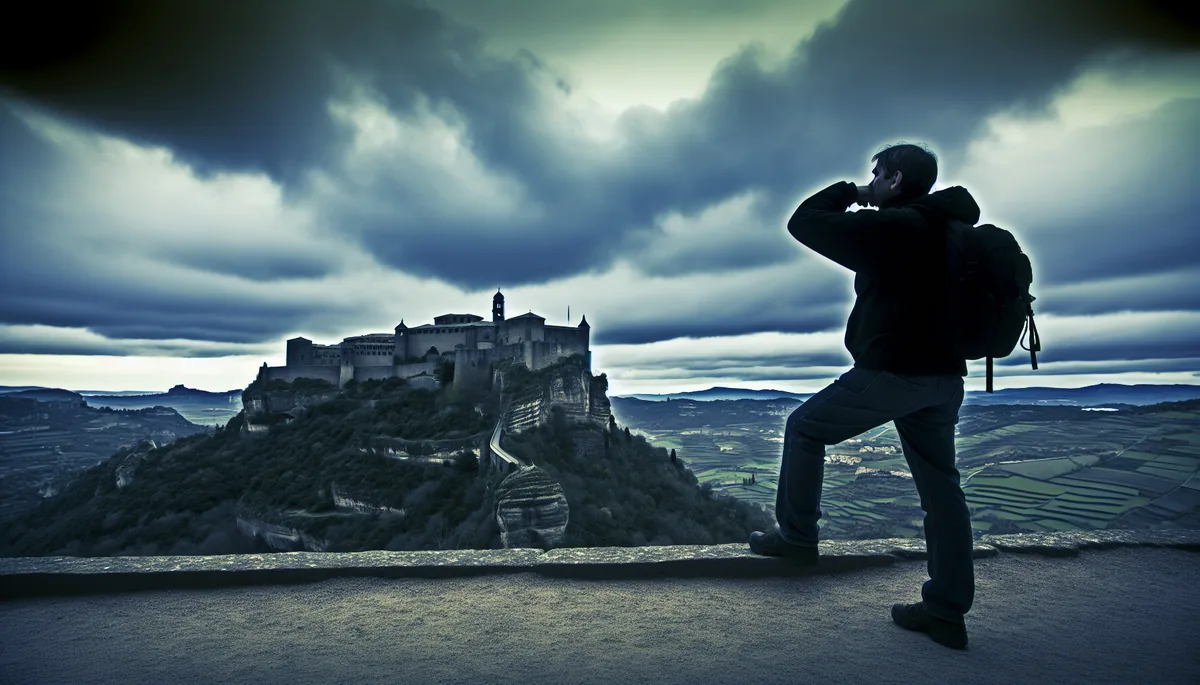 Silhouette of a traveler standing alone at a scenic European viewpoint overlooking a medieval castle and countryside under dramatic cloudy skies
