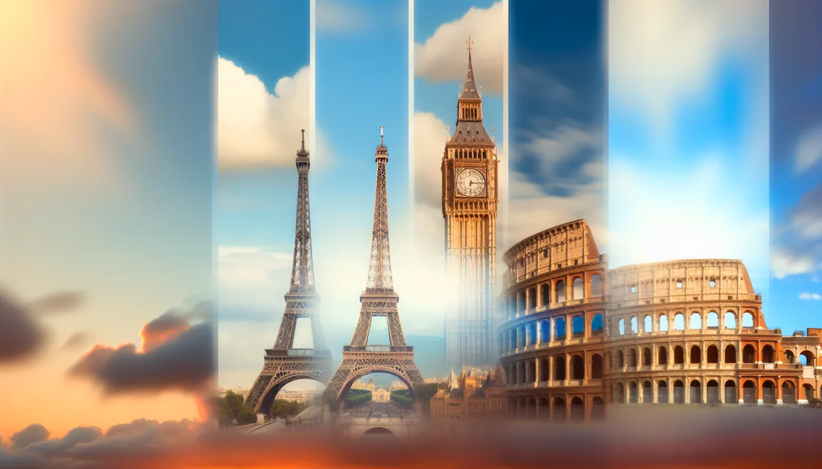 Panoramic view of famous European landmarks including the Eiffel Tower, Big Ben, and Colosseum under golden hour lighting with dramatic clouds