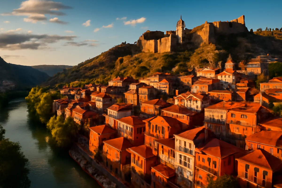 Panoramic view of Tbilisi's historic old town with colorful traditional houses, Narikala Fortress, and the Mtkvari River during golden hour