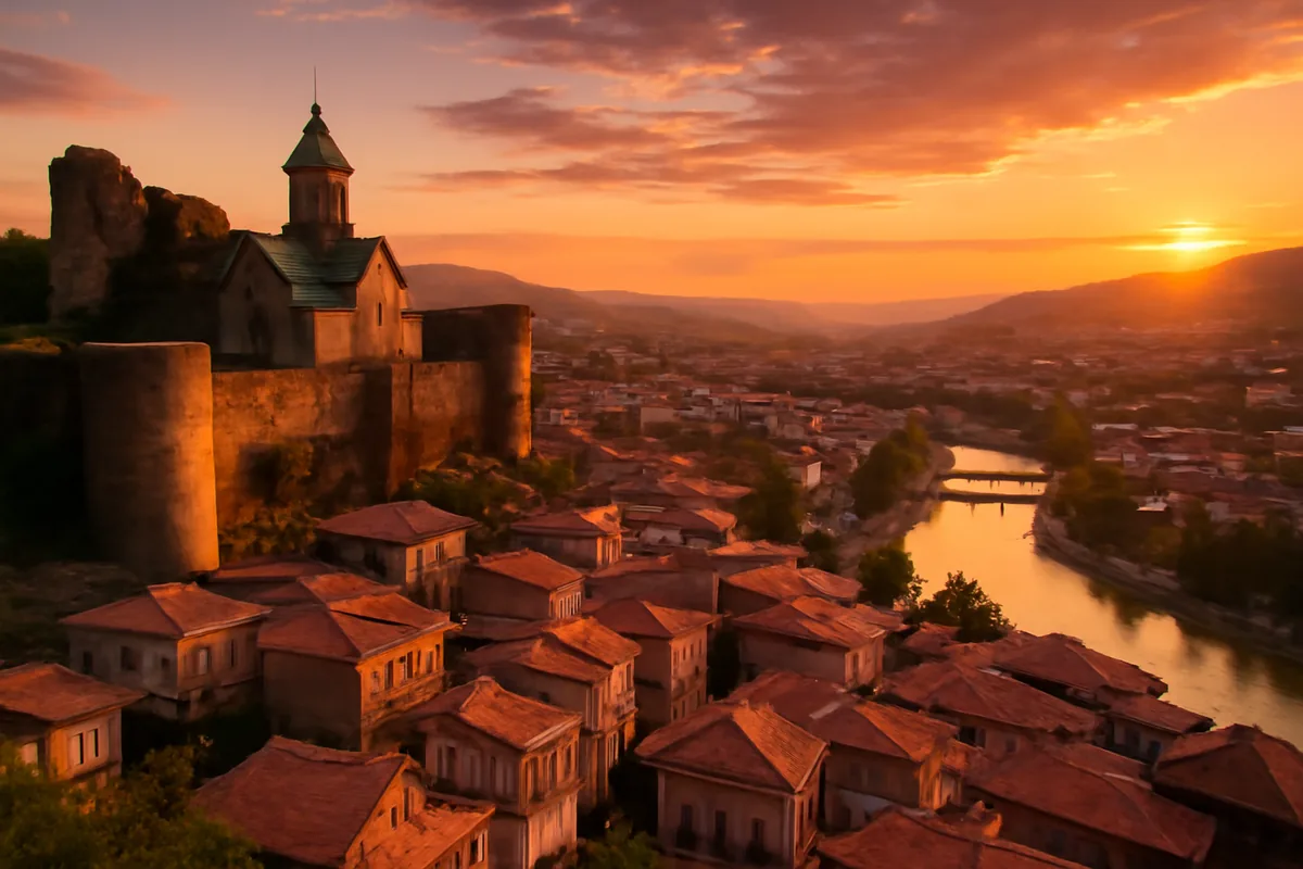 Panoramic view of Tbilisi, Georgia showing the historic Narikala Fortress perched on a hill overlooking the city's traditional architecture and the Mtkvari River at sunset