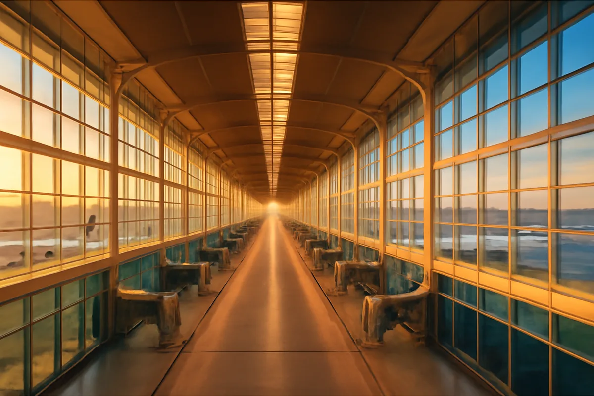Aerial panoramic view of a modern international airport terminal bathed in golden hour light, with jetways and gates stretching into the distance through large glass windows.