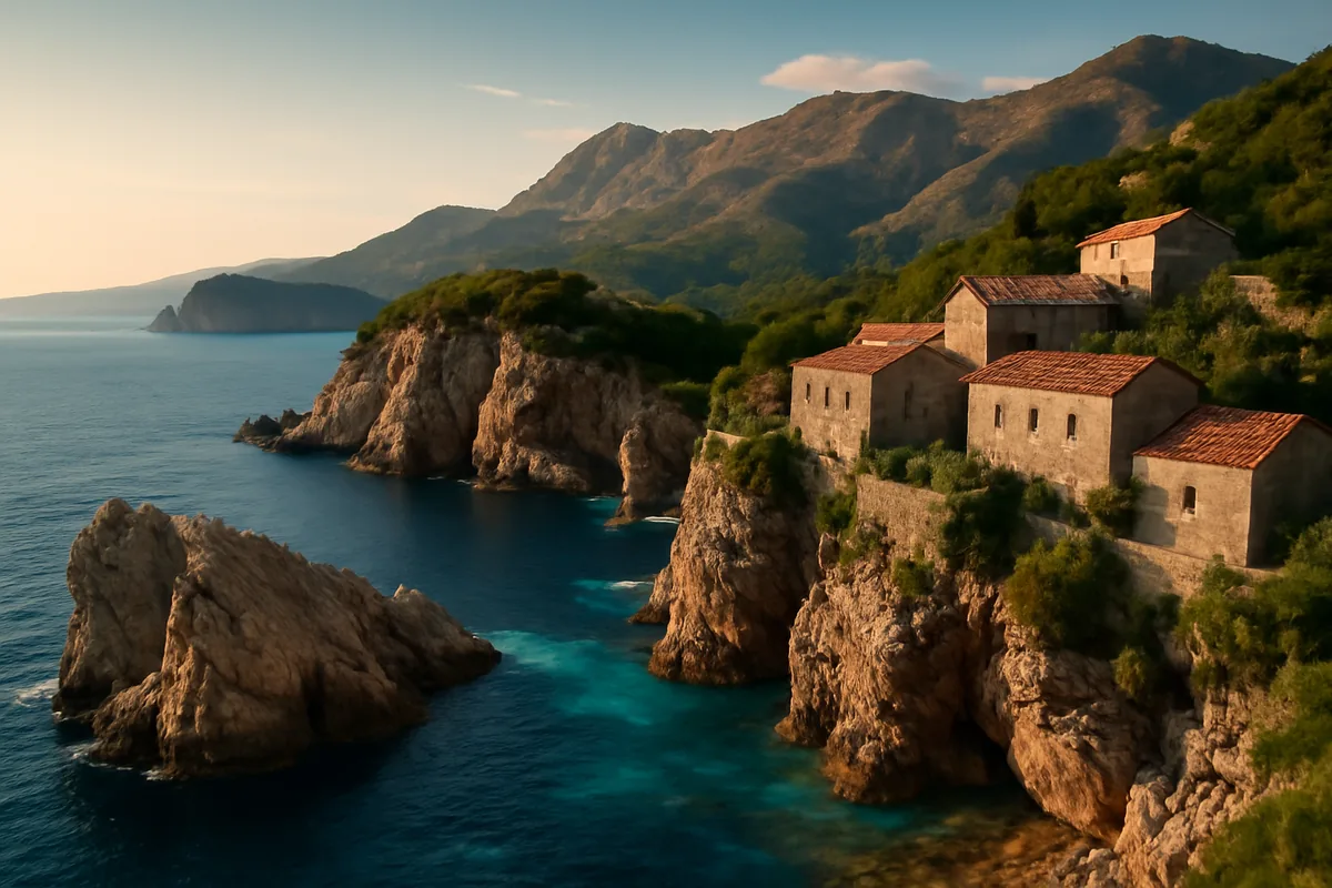 Dramatic Montenegrin Adriatic coastline with limestone cliffs, turquoise waters, and a traditional stone village bathed in golden hour light