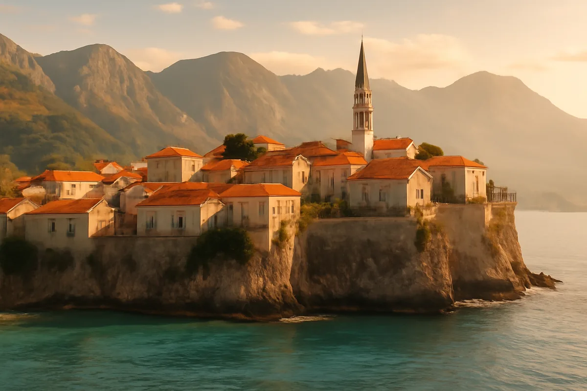 Scenic panoramic view of a medieval Montenegro coastal town with terracotta rooftops nestled between dramatic mountain peaks and the sparkling Adriatic Sea during golden hour