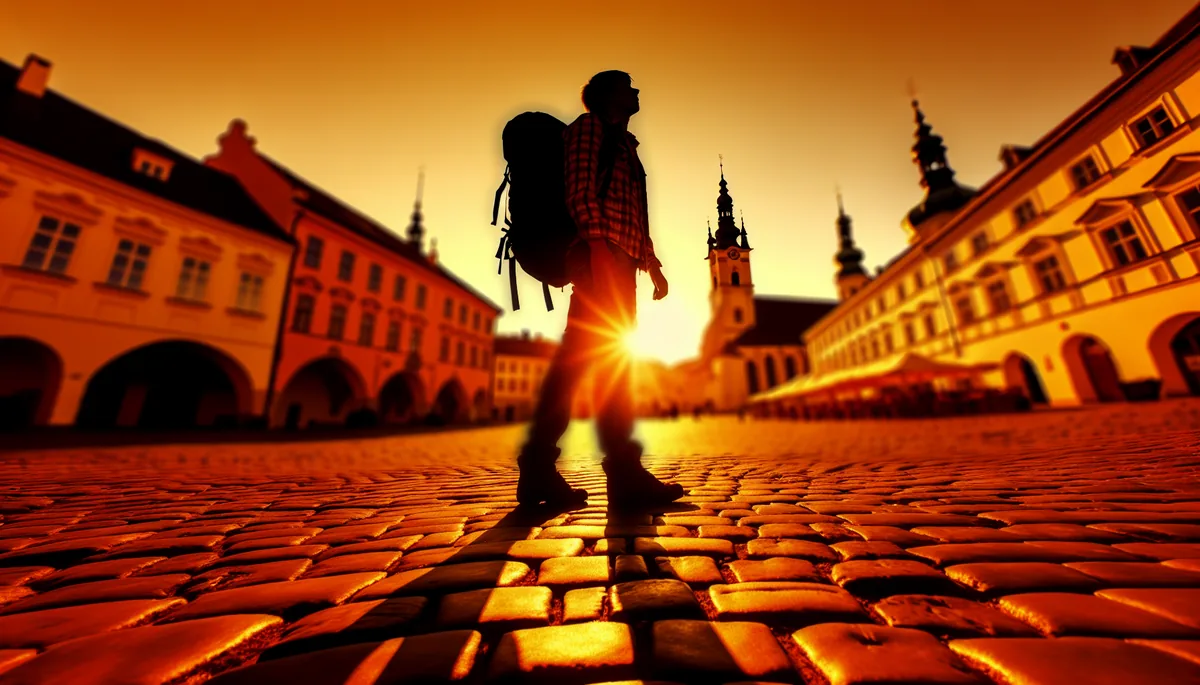 Silhouette of a traveler with backpack walking through a historic European cobblestone square at sunset with golden lighting and traditional architecture