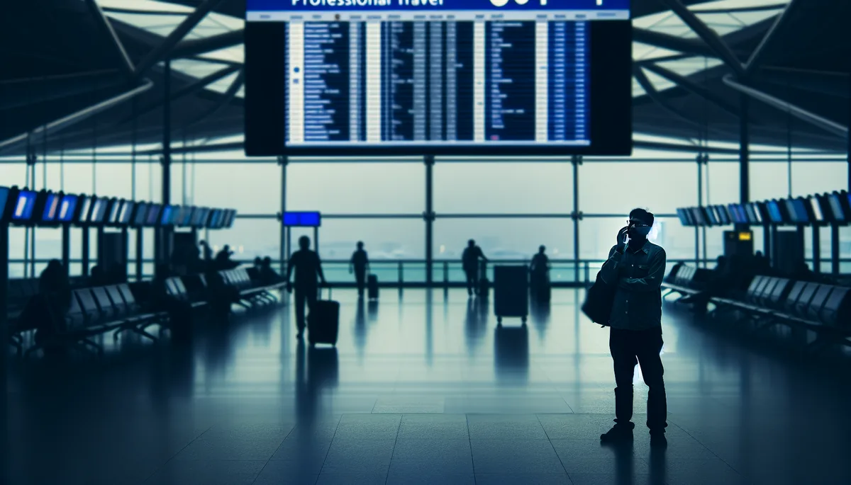 Silhouette of a traveler standing alone in a busy airport terminal with blurred passengers and departure information in the background