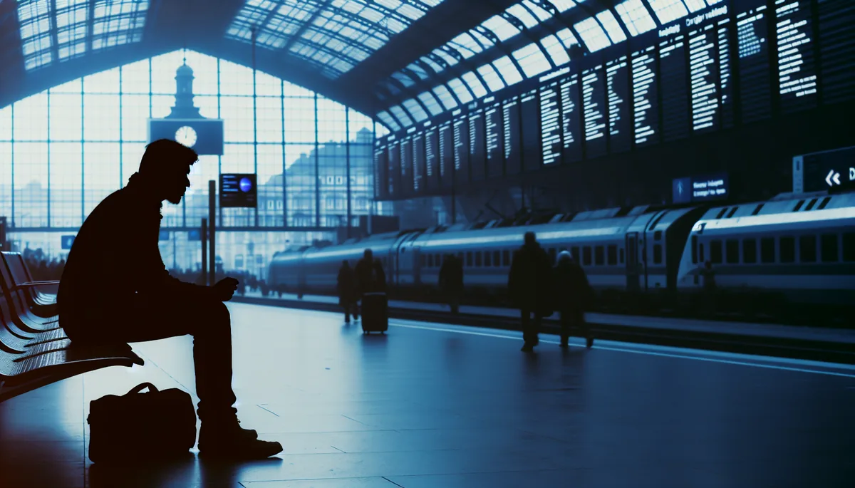 Silhouette of a traveler sitting alone at a train station with departure boards and terminal activity in the background