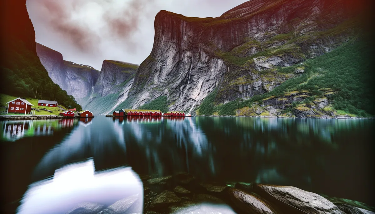 Scenic Norwegian fjord landscape with steep cliffs, calm reflective waters, and traditional red wooden houses along the shoreline under a moody sky