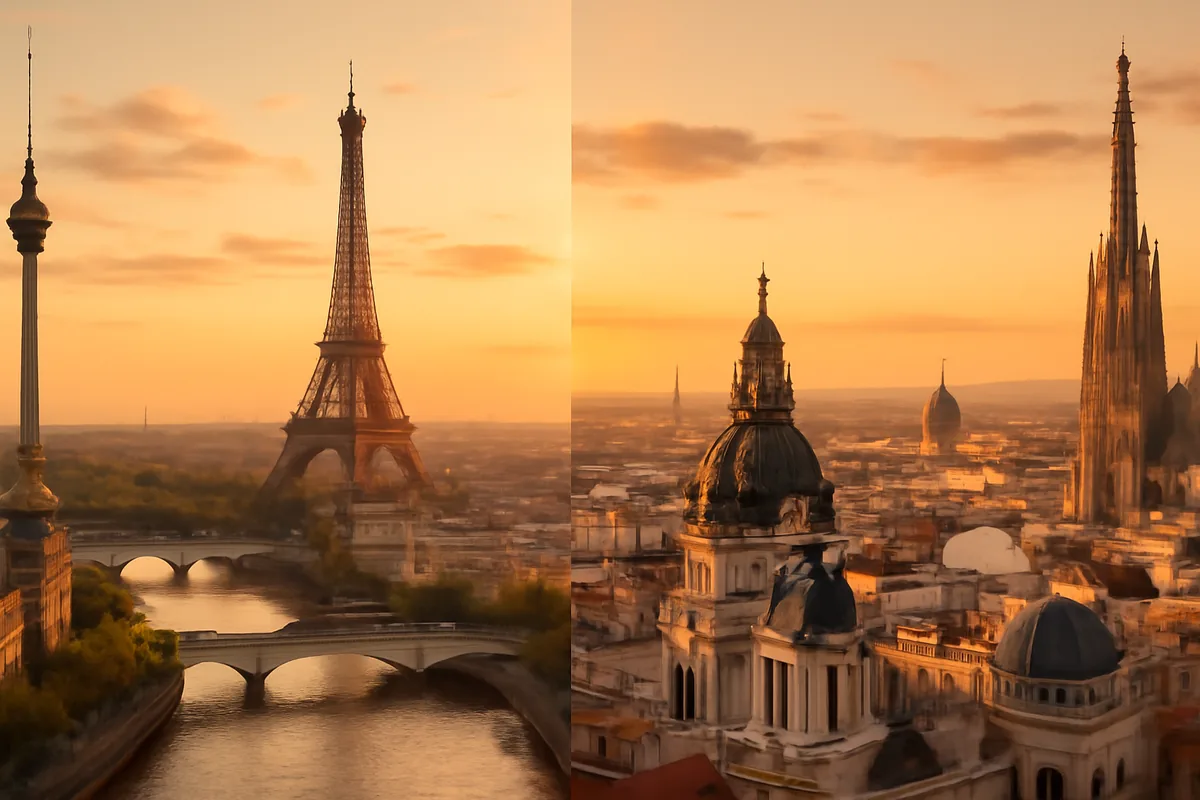 Panoramic European landscape showing multiple iconic city skylines and landmarks representing seamless travel across European borders