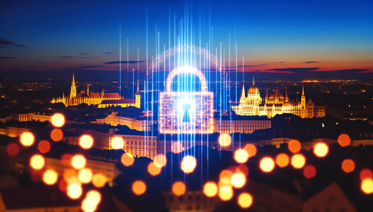 A glowing digital padlock symbol made of light beams hovering above a European city skyline at twilight, representing digital security and protection while traveling
