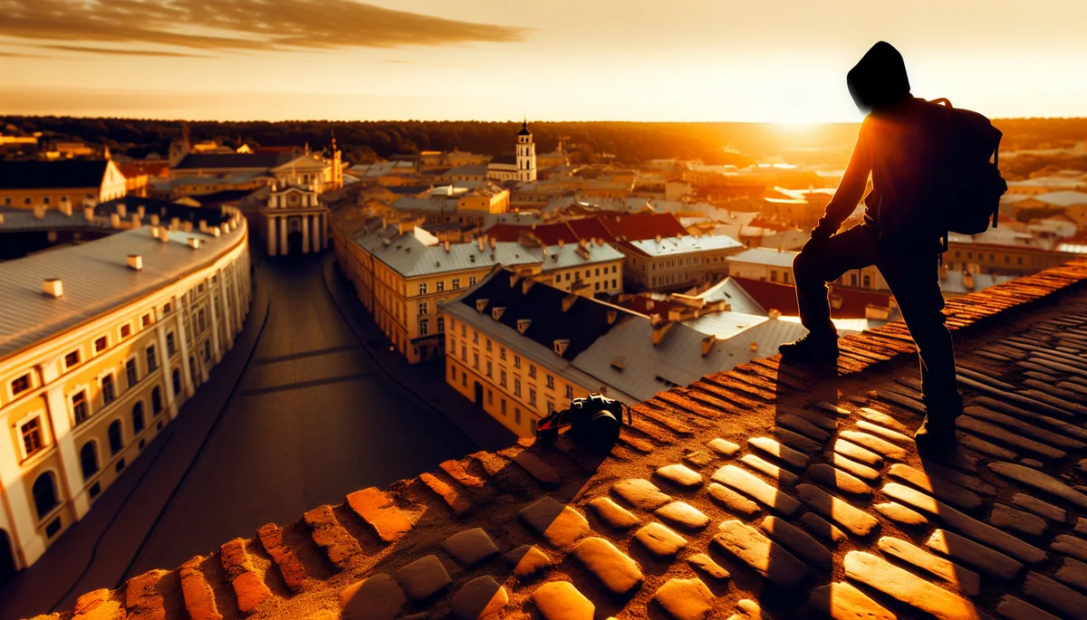 Silhouette of a traveler overlooking the historic Old Town of Vilnius, Lithuania at golden hour with baroque architecture and cobblestone streets visible below