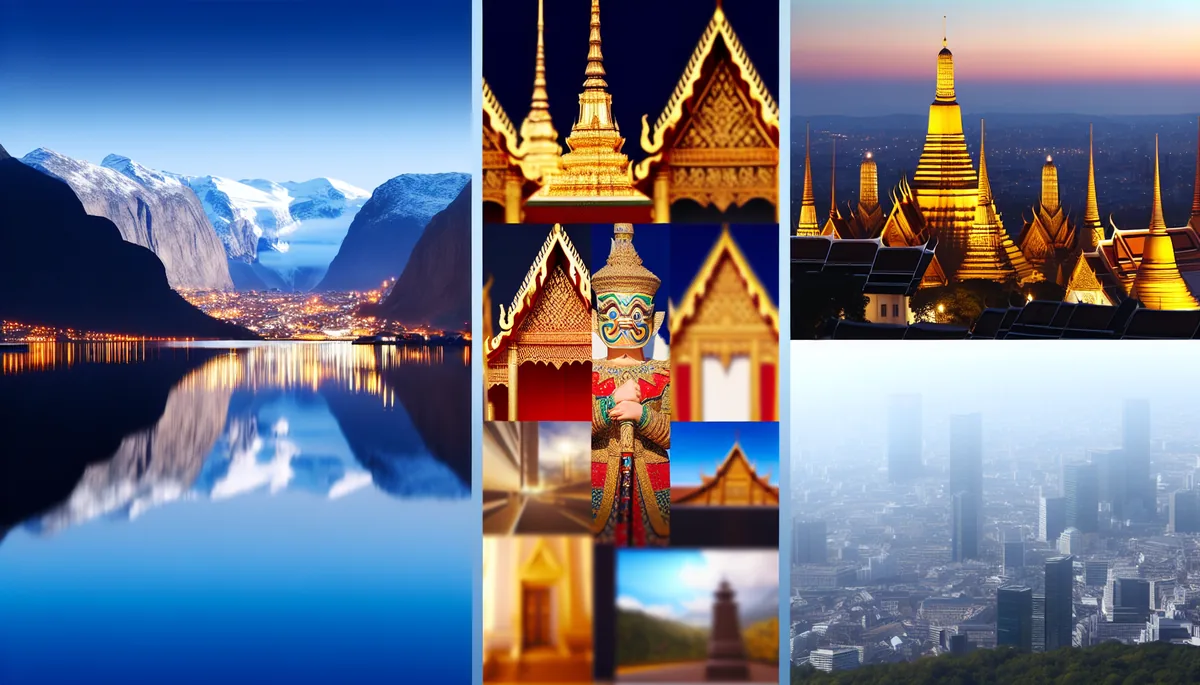 Scenic montage of international travel destinations including Norwegian fjords, Thai temples, and London landmarks bathed in golden hour lighting