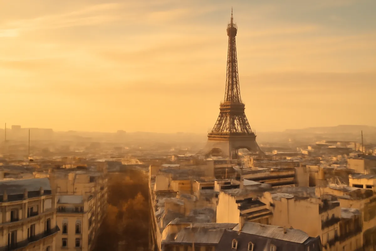 Panoramic golden hour view of the Eiffel Tower and classic Parisian rooftops bathed in warm amber light