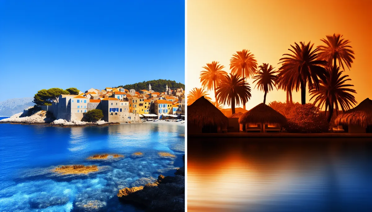 Split landscape showing European Mediterranean coastline with white buildings and red roofs on the left, and tropical beach destination with palm trees on the right, captured during golden hour
