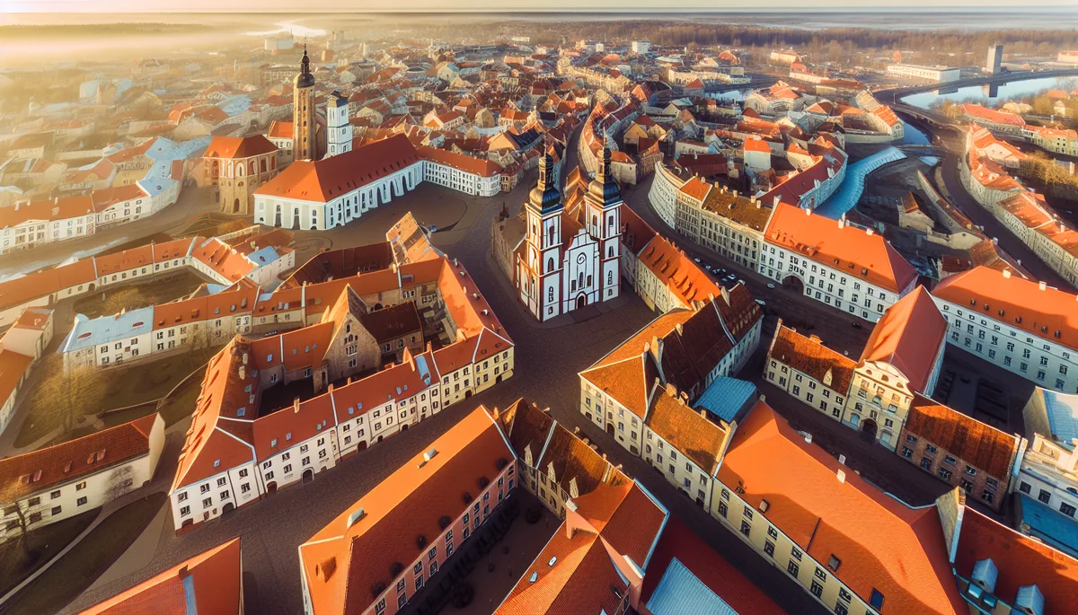 Aerial view of Vilnius Old Town showing traditional red-tiled roofs, historic church spires, and the Neris River flowing through Lithuania's capital city