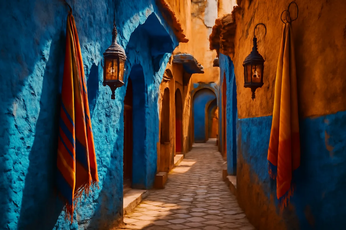 A narrow, atmospheric alleyway in a Moroccan medina with vibrant blue and terracotta walls, colorful hanging lanterns, and warm golden light creating an inviting and exotic travel scene.