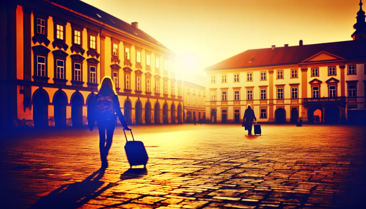 European city square with historic buildings and cobblestone streets during golden hour, with travelers walking in the distance