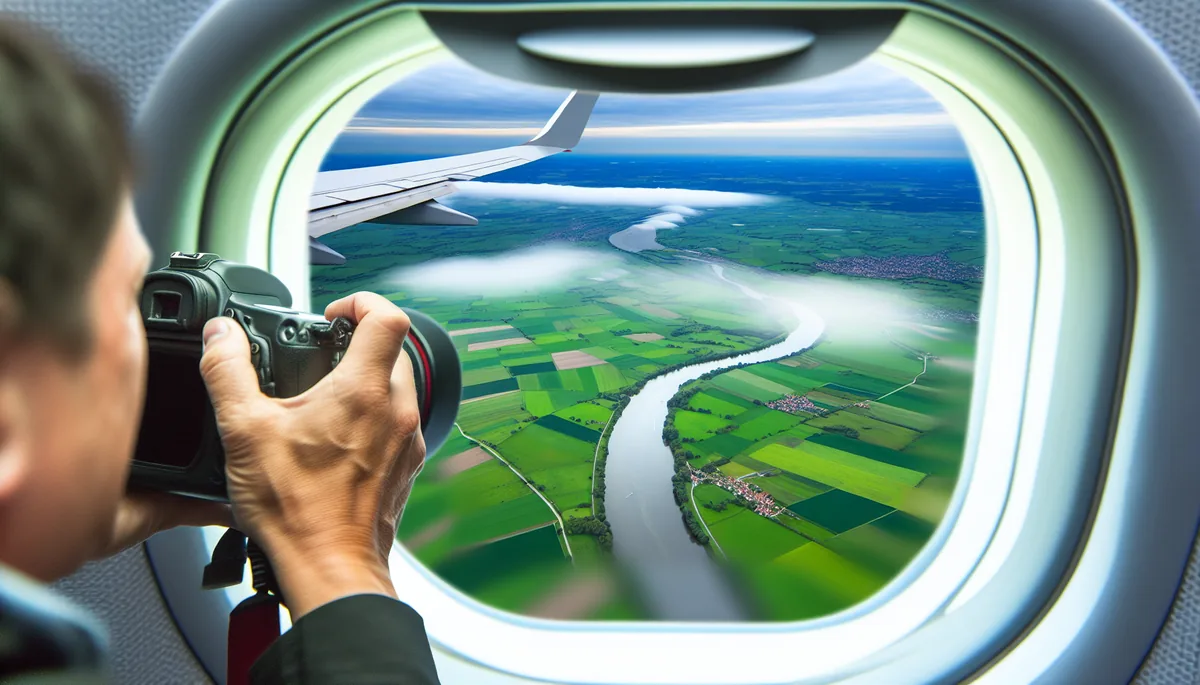 Aerial view from airplane window showing European countryside with green fields, rivers, and clouds below during flight