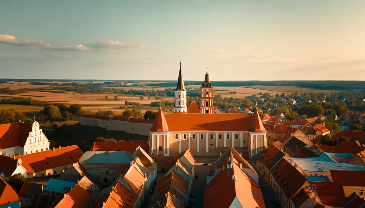 Aerial view of Vilnius Old Town showing historic architecture with red rooftops and church spires against rolling Lithuanian countryside