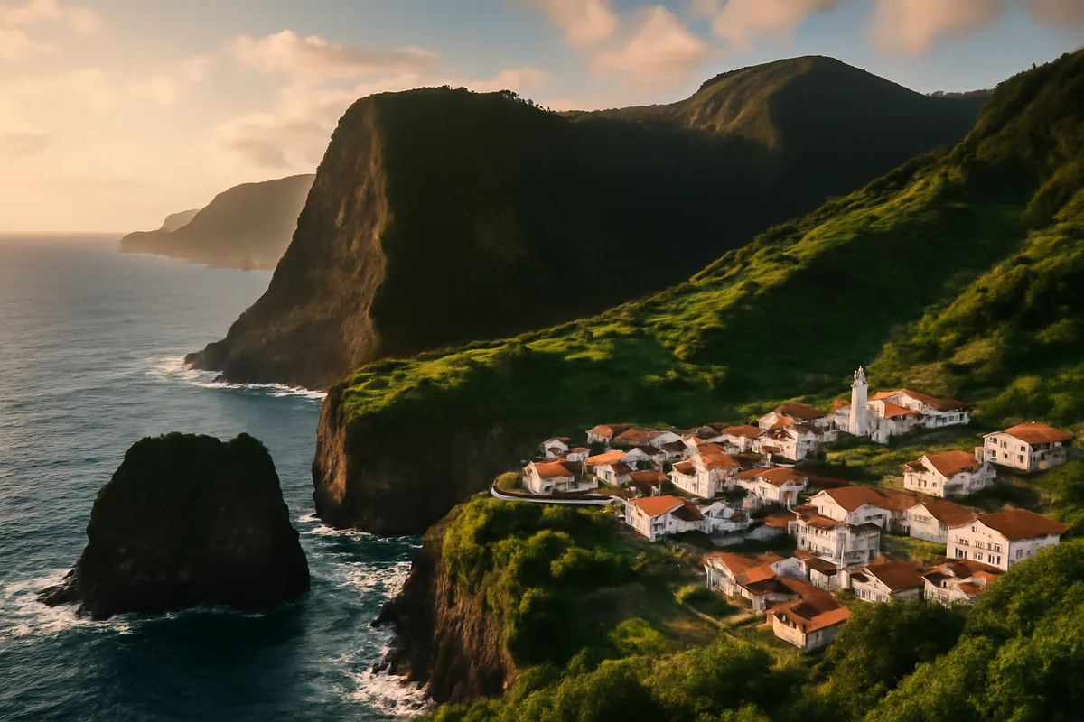 Dramatic coastal cliffs and lush green volcanic hillsides overlooking the Atlantic Ocean near a traditional Portuguese village with white-washed buildings and terracotta rooftops at golden hour