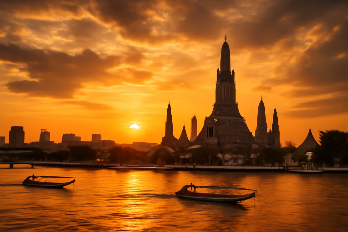 Bangkok skyline at golden hour featuring Wat Arun temple along the Chao Phraya River with traditional longtail boats on the water
