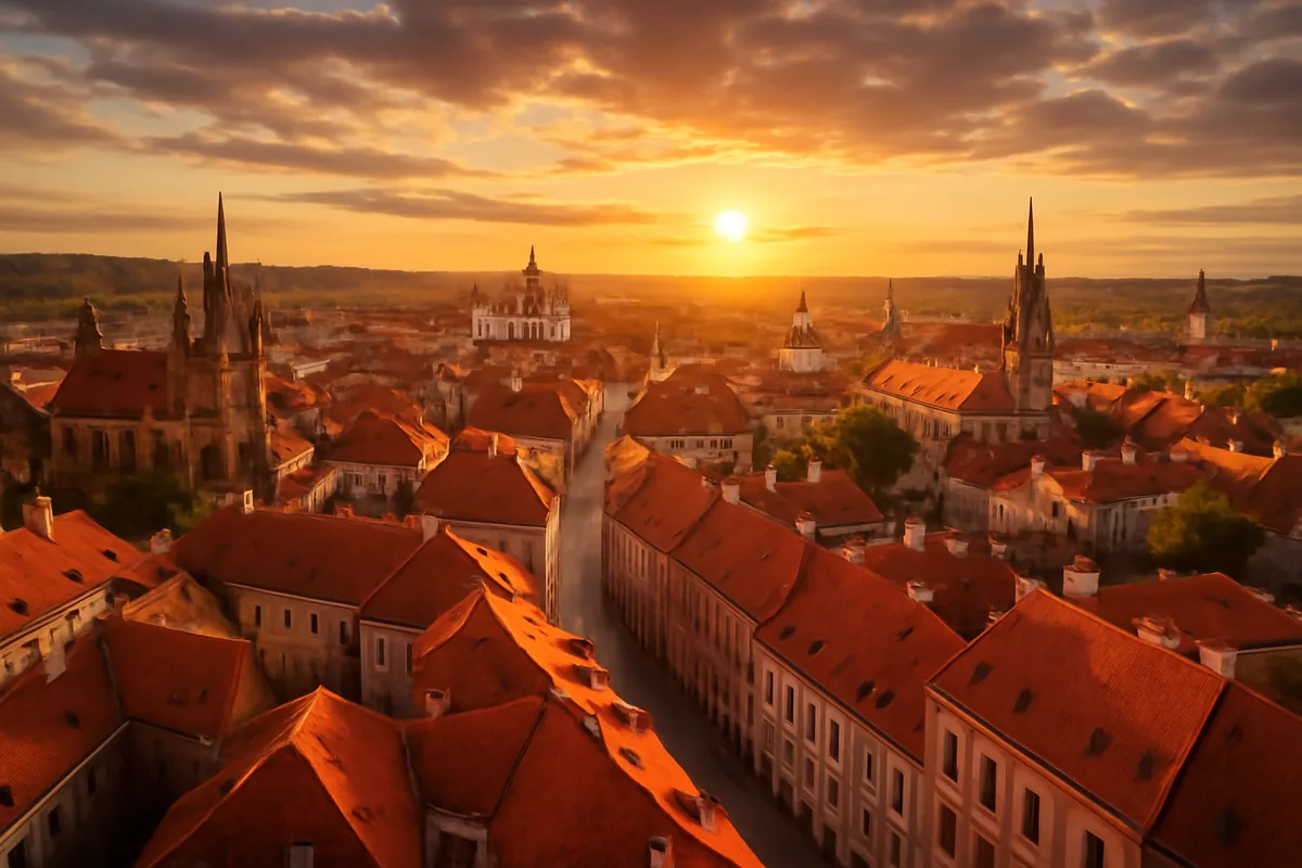 Aerial panoramic view of Vilnius old town at golden hour, featuring red rooftops, Gothic church spires, and cobblestone streets bathed in warm amber evening light