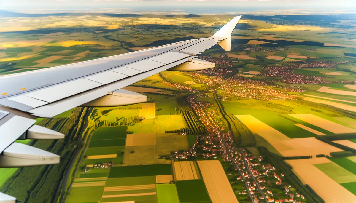 View from airplane window showing wing and European countryside landscape below with fields and towns during daytime flight
