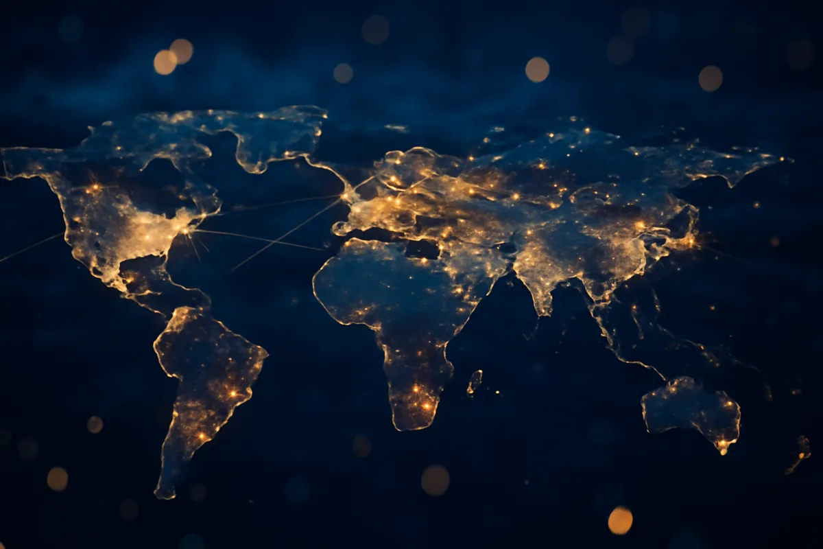 Aerial night view of glowing city lights spread across continents, symbolizing global travel and international connectivity