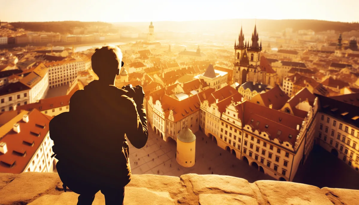 Silhouette of a traveler overlooking a European city with historic architecture during golden hour