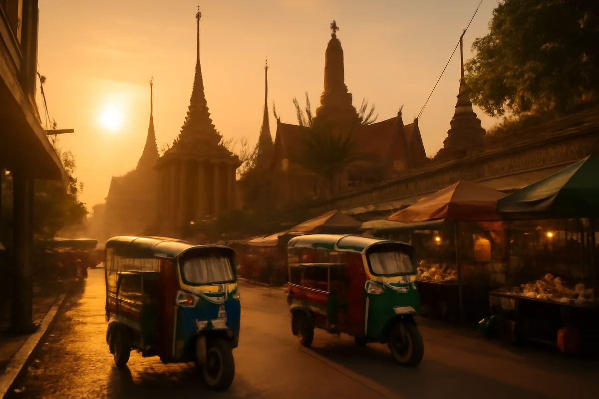 A vibrant Bangkok street scene at golden hour with traditional Thai temple spires rising above the city, warm amber light illuminating ornate architecture and colorful tuk-tuks below