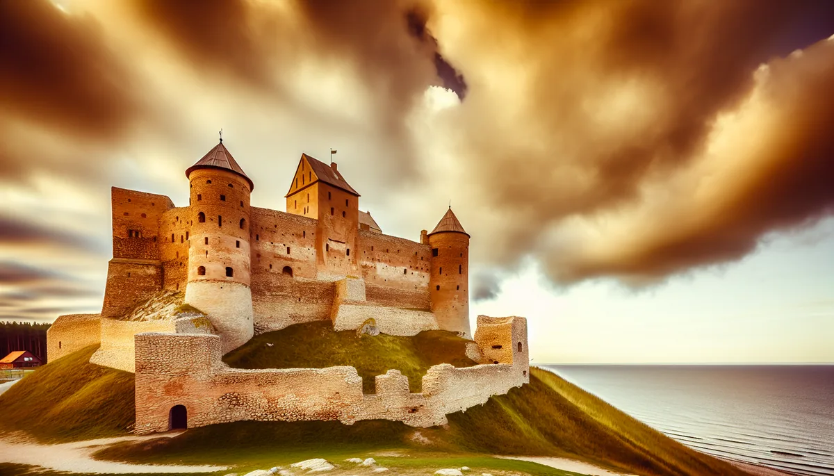 Medieval fortress castle overlooking a coastal town during golden hour, symbolizing protection and security